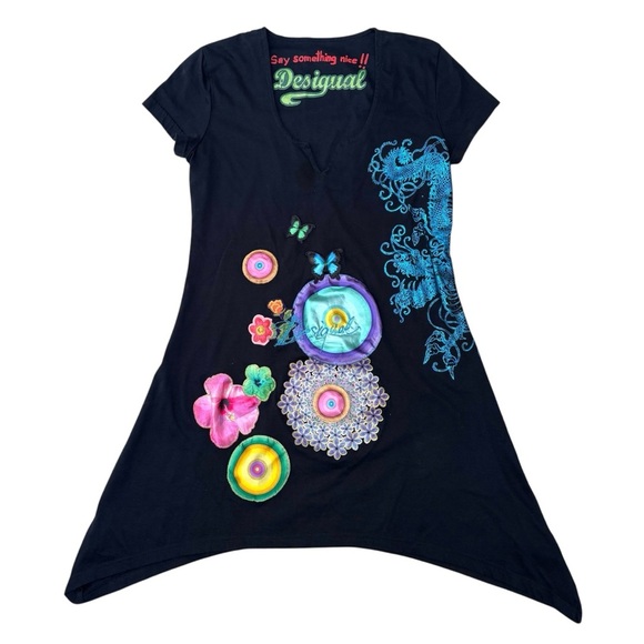 Desigual Y2K Sharkbite Hem Graphic Print Embellished Tunic Top Navy EU S US XS - Picture 3 of 11